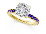Yellow gold Cushion Cut Diamond Pave Band Solitaire Ring with Round with Tanzanite side stone and Prong Setting_1