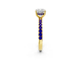 Yellow gold Cushion Cut Diamond Pave Band Solitaire Ring with Round with Tanzanite side stone and Prong Setting_2