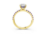 Yellow gold Cushion Cut Diamond Pave Band Solitaire Ring with Round with Tanzanite side stone and Prong Setting_3
