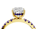 Yellow gold Cushion Cut Diamond Pave Band Solitaire Ring with Round with Tanzanite side stone and Prong Setting_4