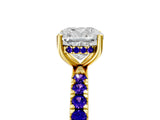 Yellow gold Cushion Cut Diamond Pave Band Solitaire Ring with Round with Tanzanite side stone and Prong Setting_5