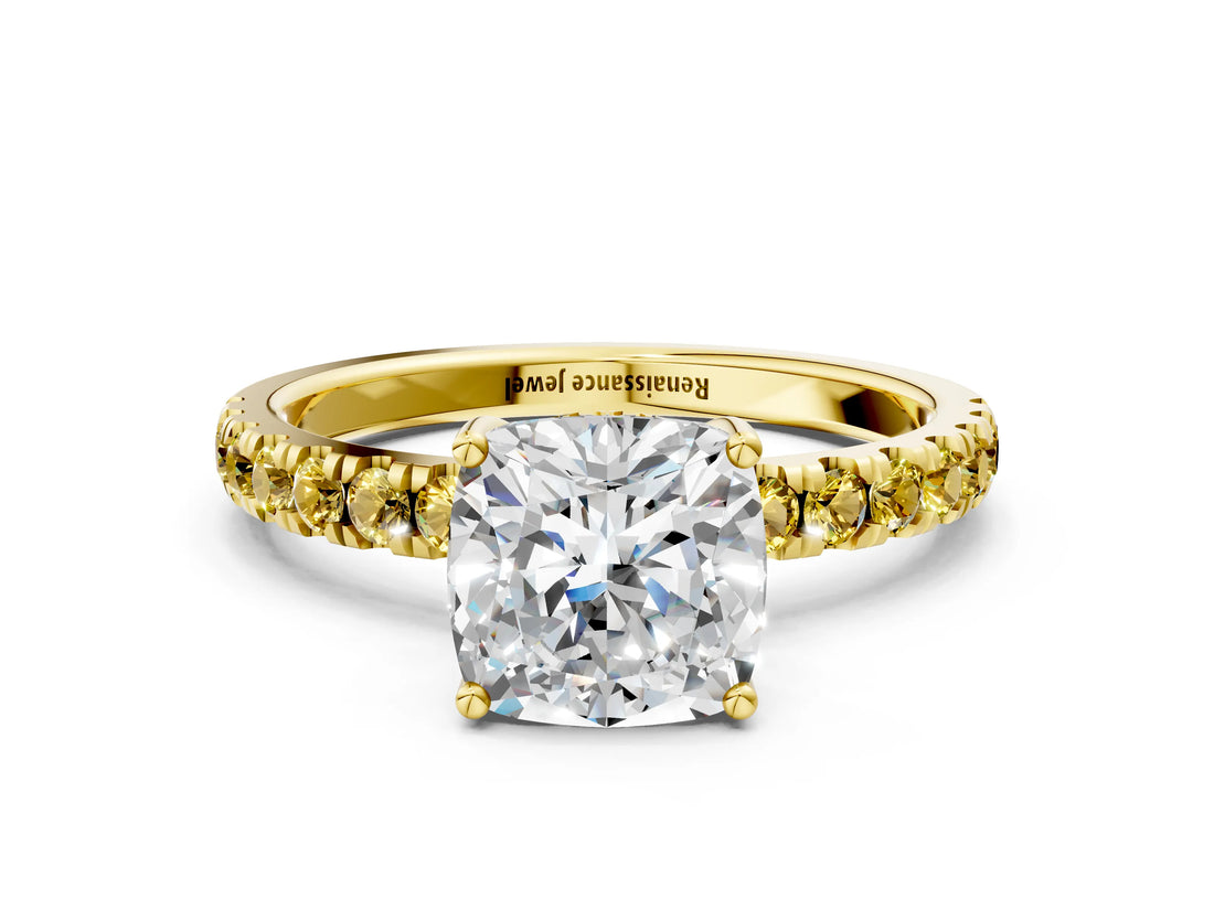 Yellow gold Cushion Cut Diamond Pave Band Solitaire Ring with Round with Yellow Sapphire side stone and Prong Setting_12