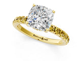 Yellow gold Cushion Cut Diamond Pave Band Solitaire Ring with Round with Yellow Sapphire side stone and Prong Setting_13