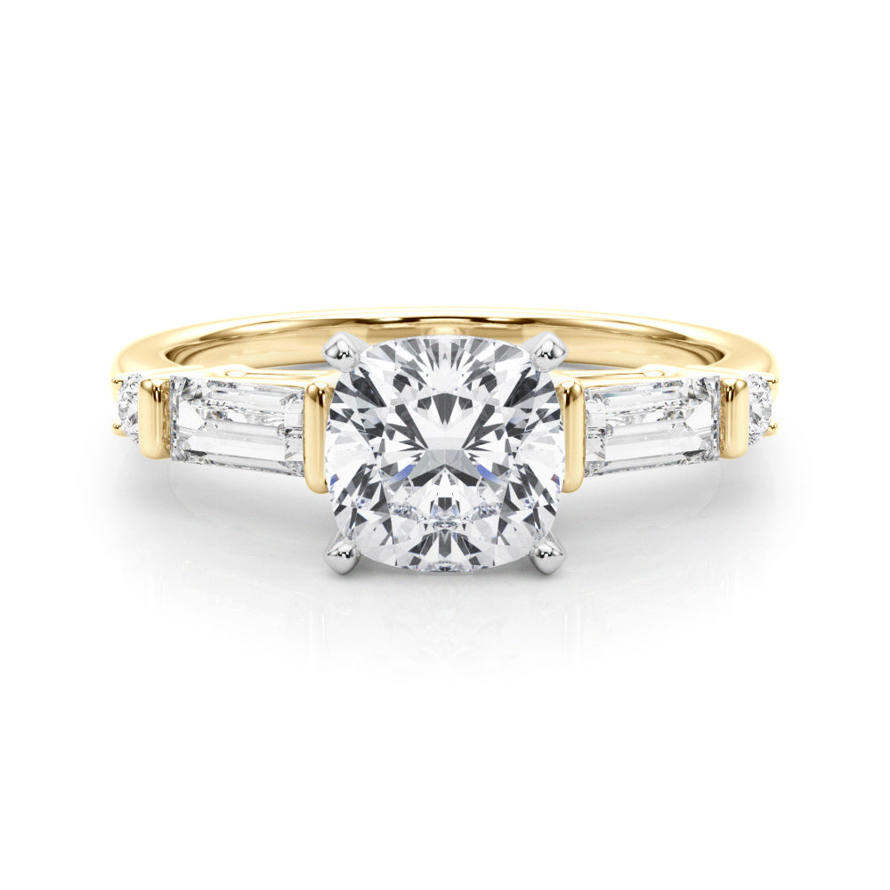Yellow gold Cushion Cut Diamond Ring with Baguette Side Stones, Channel Set Band, and Four-Prong Setting 1