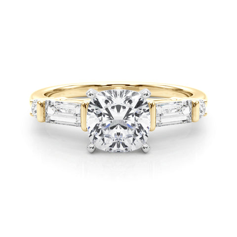 Yellow gold Cushion Cut Diamond Ring with Baguette Side Stones, Channel Set Band, and Four-Prong Setting 1