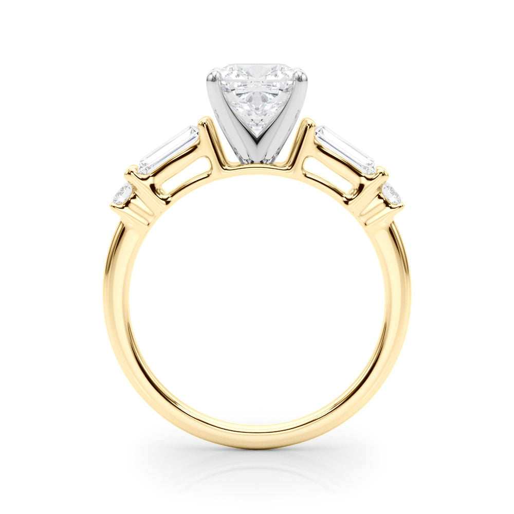 Yellow gold Cushion Cut Diamond Ring with Baguette Side Stones, Channel Set Band, and Four-Prong Setting 2