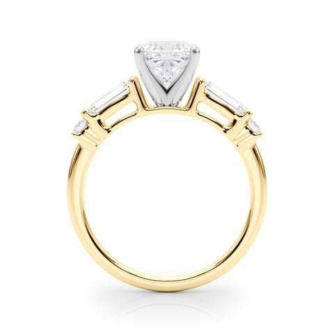 Yellow gold Cushion Cut Diamond Ring with Baguette Side Stones, Channel Set Band, and Four-Prong Setting 2