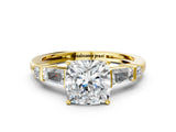 14K Yellow Gold 1.81 Carat E VVS2 Cushion Cut Diamond Ring with Baguette Side Stones, Channel Set Band, and Four-Prong Setting