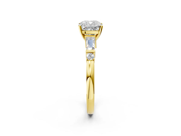 14K Yellow Gold 1.81 Carat E VVS2 Cushion Cut Diamond Ring with Baguette Side Stones, Channel Set Band, and Four-Prong Setting