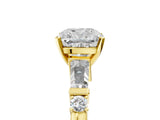 14K Yellow Gold 1.81 Carat E VVS2 Cushion Cut Diamond Ring with Baguette Side Stones, Channel Set Band, and Four-Prong Setting
