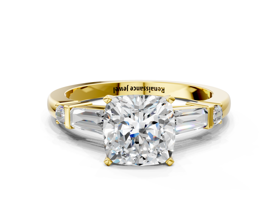 Yellow gold Cushion Cut Diamond Ring with Baguette Side Stones, Channel Set Band, and Four-Prong Setting_25