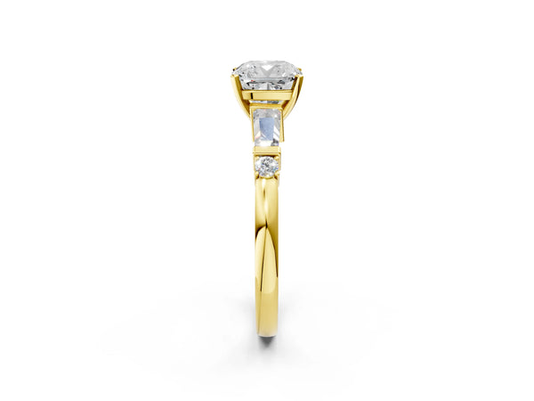 Yellow Gold Cushion Cut Three Stone Engagement Ring Setting with Bar Set Tapered Baguettes