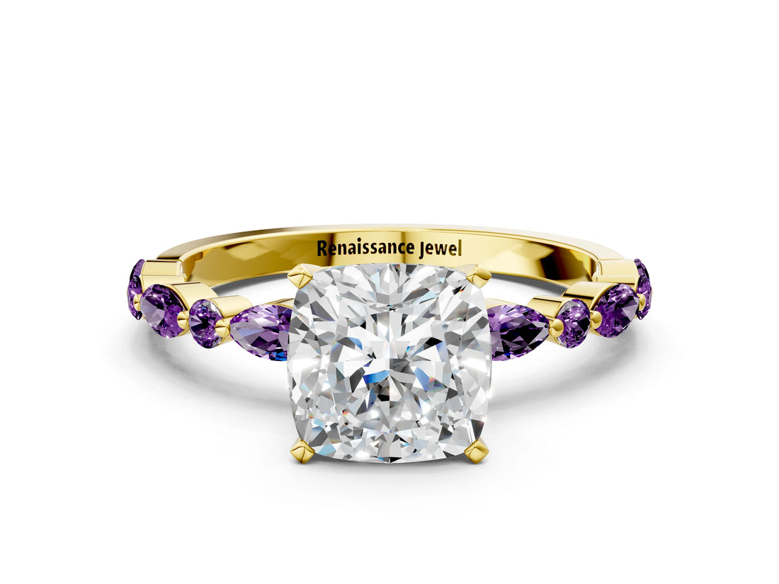 Yellow gold Cushion Cut Diamond Ring with Marquise and Round with Amethyst side stone Side Stones and Four-Prong Setting_24