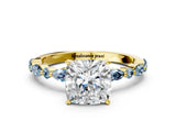 Yellow gold Cushion Cut Diamond Ring with Marquise and Round with Aquamarine side stone Side Stones and Four-Prong Setting_12