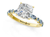 Yellow gold Cushion Cut Diamond Ring with Marquise and Round with Aquamarine side stone Side Stones and Four-Prong Setting_13