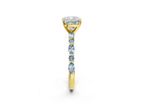 Yellow gold Cushion Cut Diamond Ring with Marquise and Round with Aquamarine side stone Side Stones and Four-Prong Setting_14