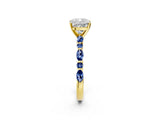 Yellow gold Cushion Cut Diamond Ring with Marquise and Round with Blue Sapphire side stone Side Stones and Four-Prong Setting_50