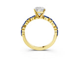 Yellow gold Cushion Cut Diamond Ring with Marquise and Round with Blue Sapphire side stone Side Stones and Four-Prong Setting_51