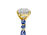 Yellow gold Cushion Cut Diamond Ring with Marquise and Round with Blue Sapphire side stone Side Stones and Four-Prong Setting_53