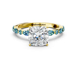 Yellow gold Cushion Cut Diamond Ring with Marquise and Round with Blue Topaz side stone Side Stones and Four-Prong Setting_24