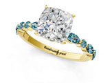Yellow gold Cushion Cut Diamond Ring with Marquise and Round with Blue Topaz side stone Side Stones and Four-Prong Setting_25