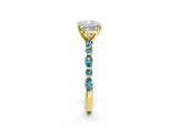 Yellow gold Cushion Cut Diamond Ring with Marquise and Round with Blue Topaz side stone Side Stones and Four-Prong Setting_26