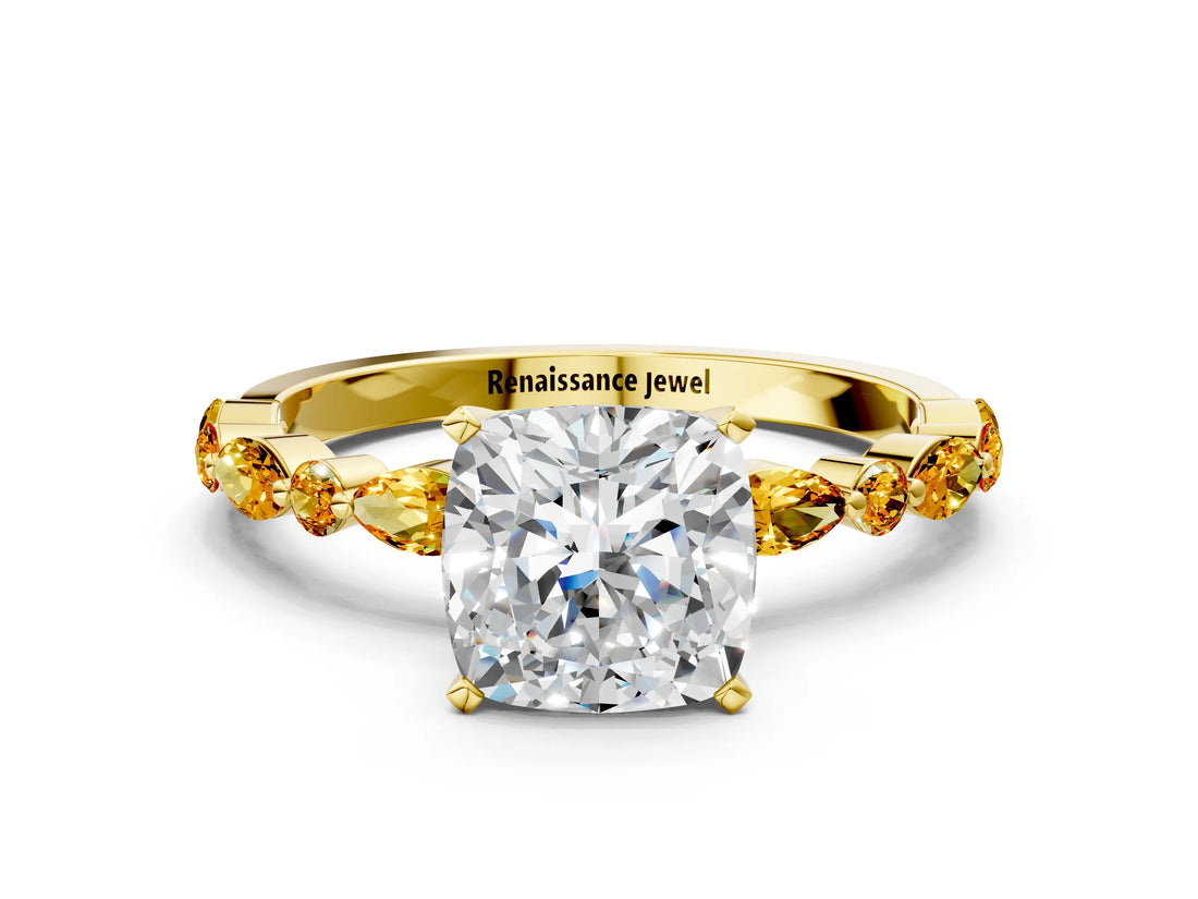 Yellow gold Cushion Cut Diamond Ring with Marquise and Round with Citrine side stone Side Stones and Four-Prong Setting_12