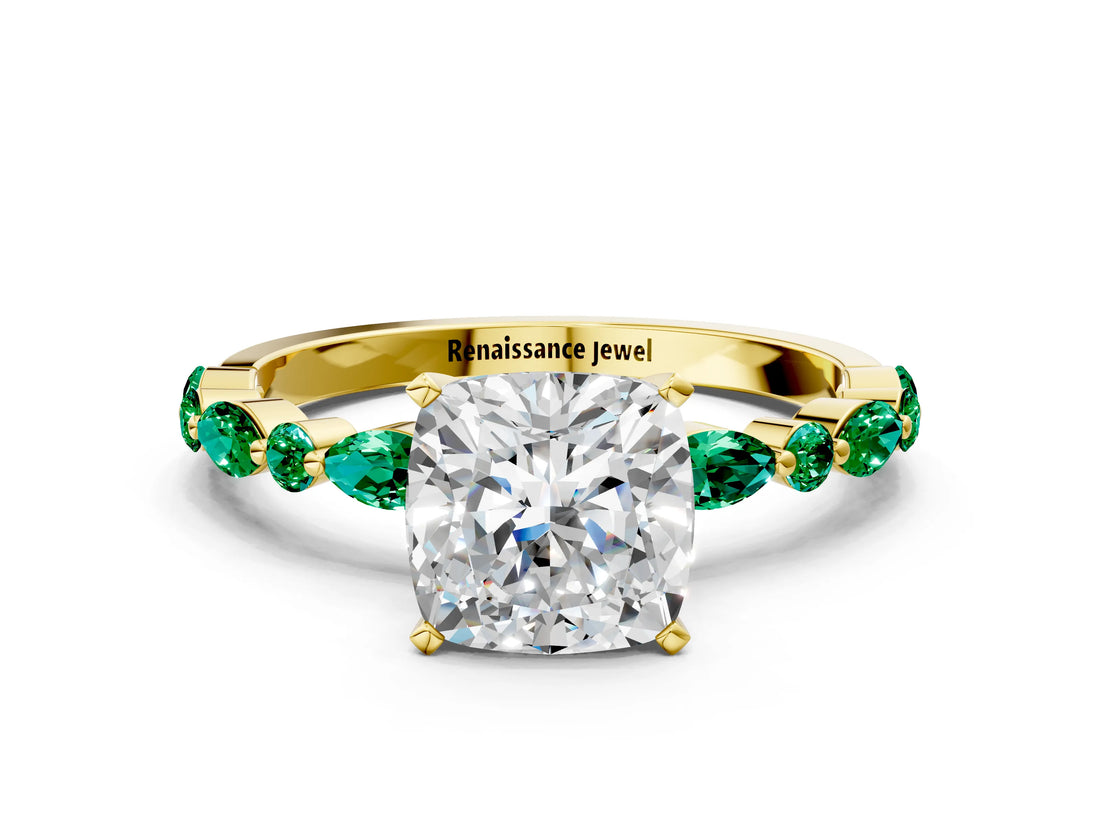 Yellow gold Cushion Cut Diamond Ring with Marquise and Round with Emerald side stone Side Stones and Four-Prong Setting_60