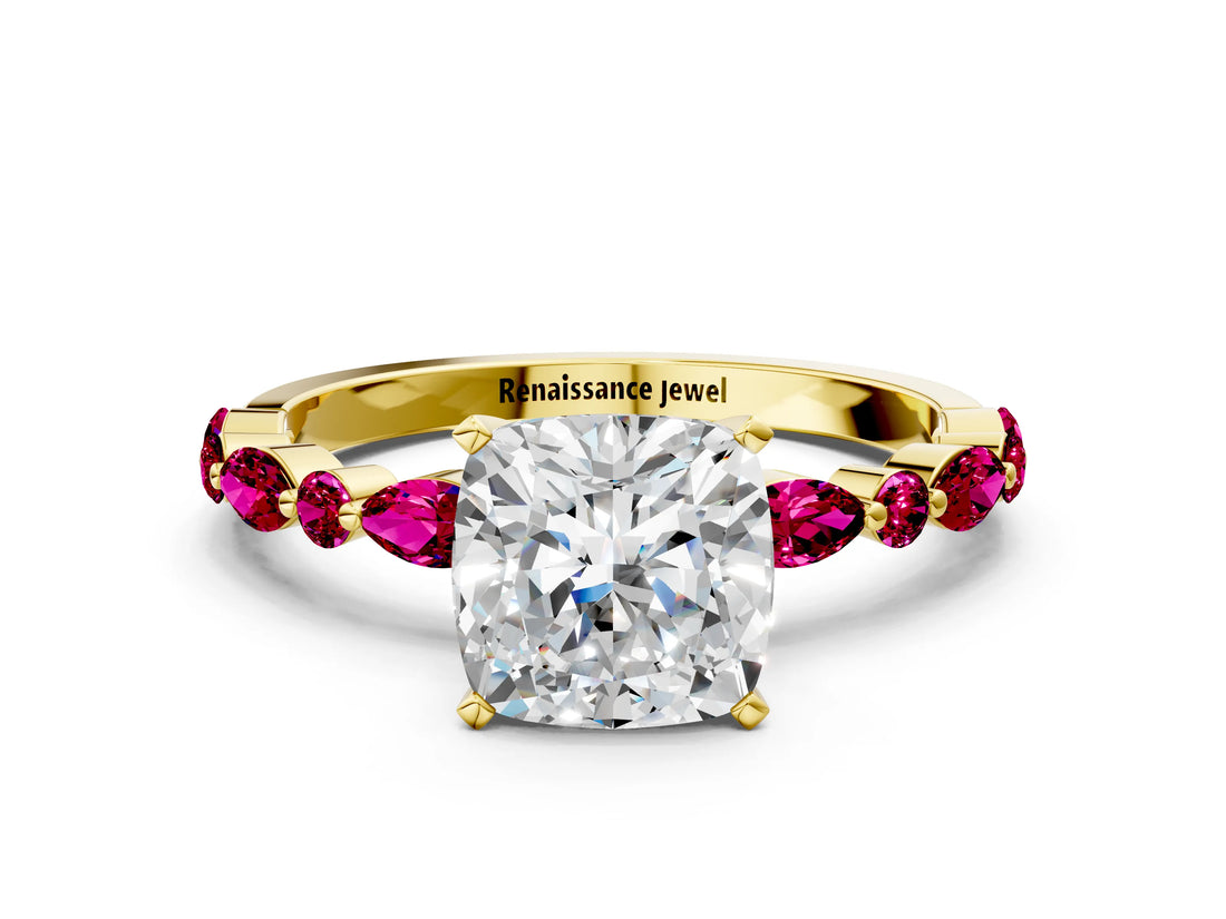 Yellow gold Cushion Cut Diamond Ring with Marquise and Round with Garnet side stone Side Stones and Four-Prong Setting_24