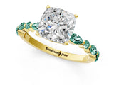 Yellow gold Cushion Cut Diamond Ring with Marquise and Round with Green Sapphire side stone Side Stones and Four-Prong Setting_13