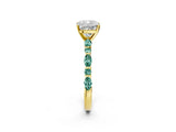 Yellow gold Cushion Cut Diamond Ring with Marquise and Round with Green Sapphire side stone Side Stones and Four-Prong Setting_14