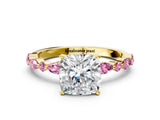 Yellow gold Cushion Cut Diamond Ring with Marquise and Round with Pink Sapphire side stone Side Stones and Four-Prong Setting_12