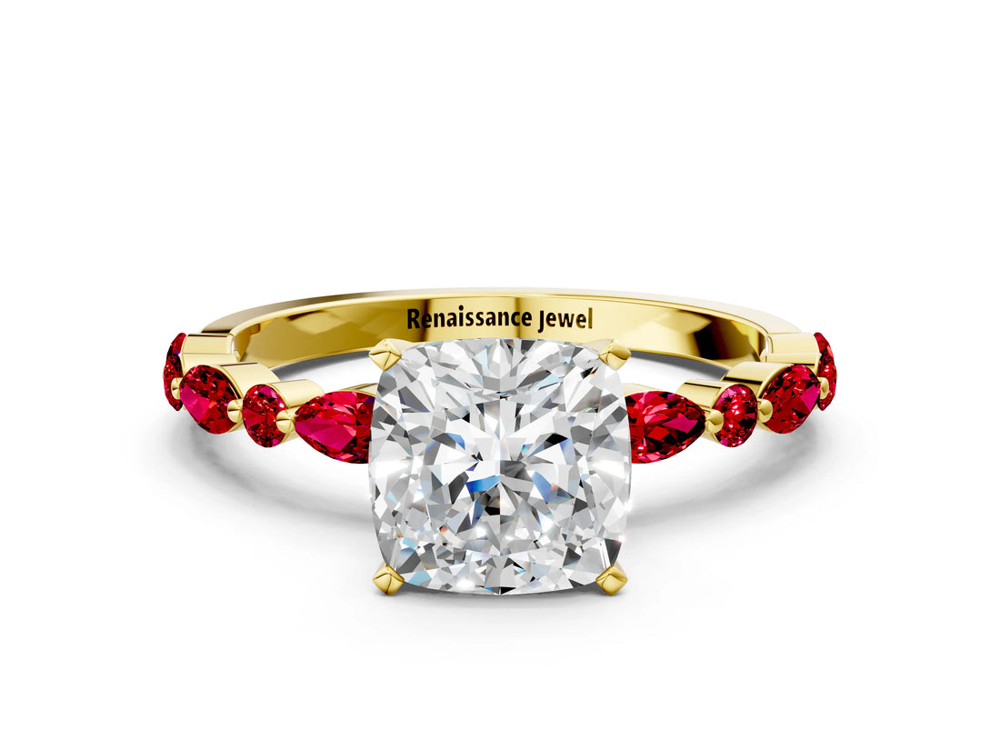 Yellow gold Cushion Cut Diamond Ring with Marquise and Round with Ruby side stone Side Stones and Four-Prong Setting_36