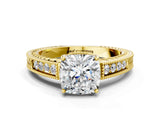Yellow gold Cushion Cut Diamond Ring with Milgrain Pavé Band and Four-Prong Setting_24