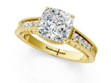 Yellow gold Cushion Cut Diamond Ring with Milgrain Pavé Band and Four-Prong Setting_25
