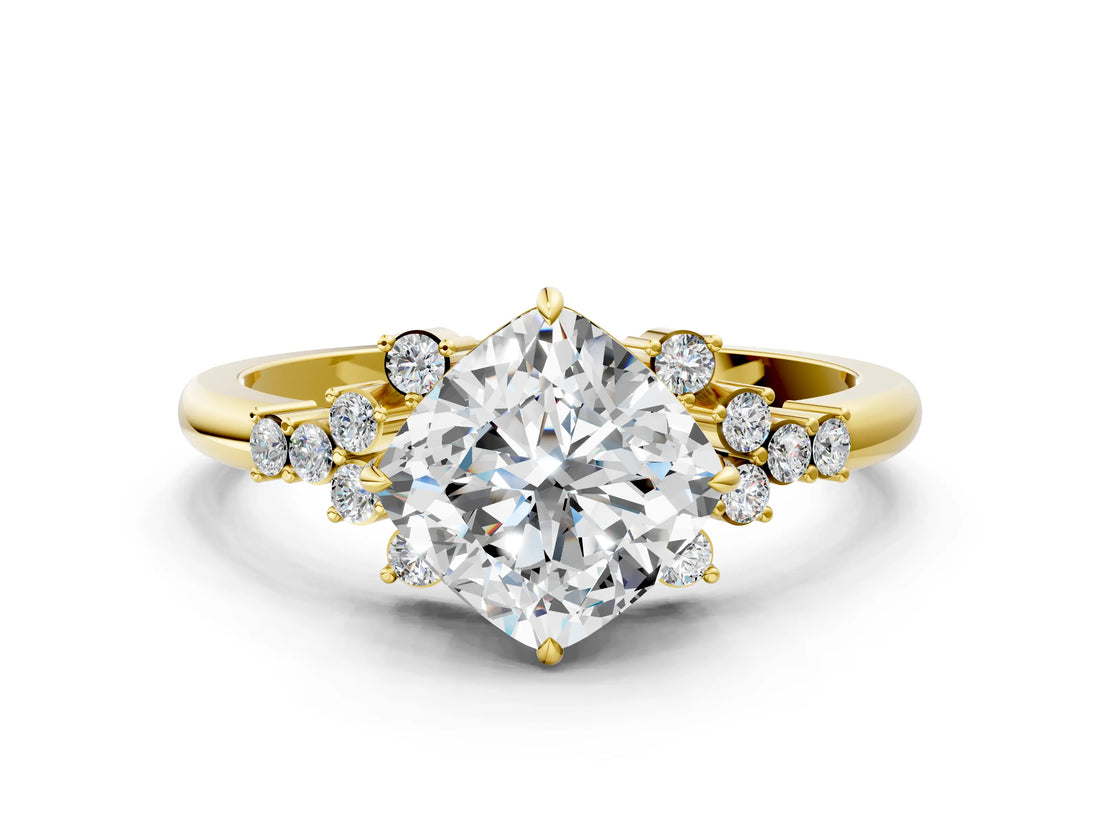 Yellow gold Cushion Cut Diamond Ring with Side Stones and Four-Prong Setting_96