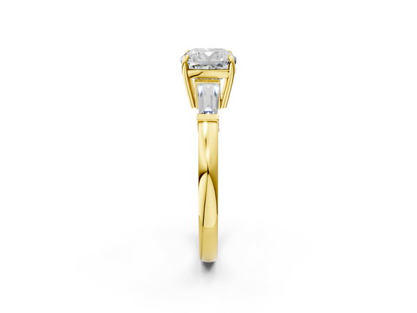 Yellow gold Cushion Cut Diamond Ring with Tapered Baguette Side Stones in Four-Prong Setting