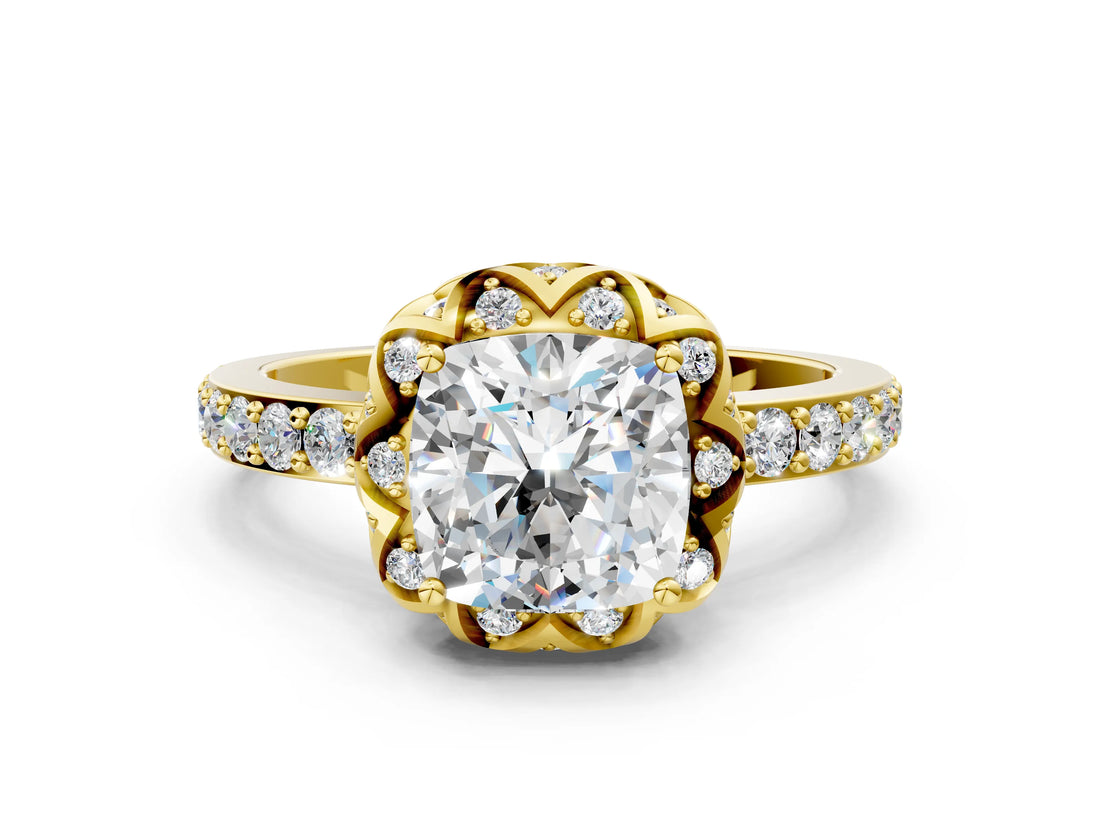 Yellow gold Cushion Cut Diamond Scalloped Halo Engagement Ring with Round Shared Prong Band_12