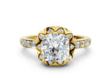Yellow gold Cushion Cut Diamond Scalloped Halo Engagement Ring with Round Shared Prong Band_12