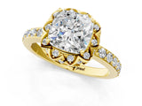 Yellow gold Cushion Cut Diamond Scalloped Halo Engagement Ring with Round Shared Prong Band_13
