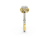 Yellow gold Cushion Cut Diamond Scalloped Halo Engagement Ring with Round Shared Prong Band_14
