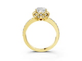 Yellow gold Cushion Cut Diamond Scalloped Halo Engagement Ring with Round Shared Prong Band_15