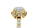Yellow gold Cushion Cut Diamond Scalloped Halo Engagement Ring with Round Shared Prong Band_17