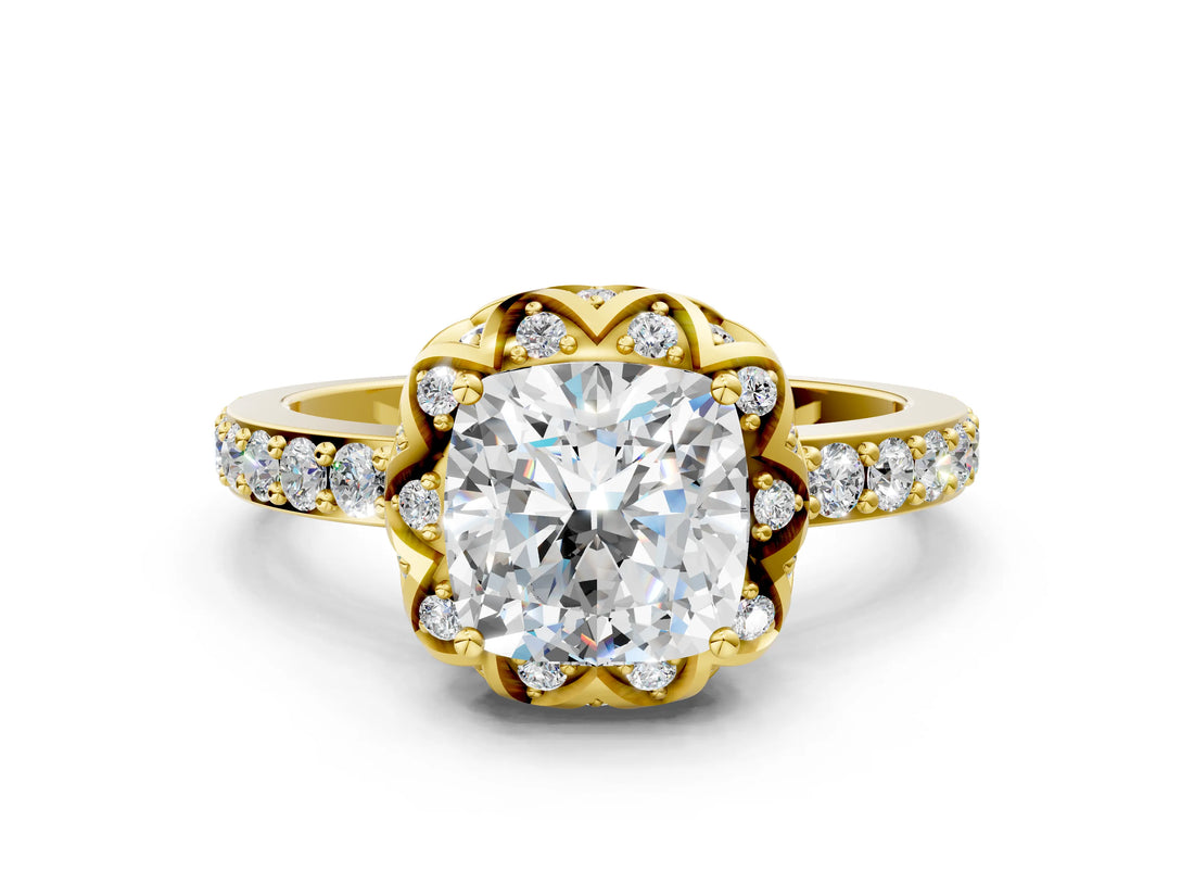Yellow gold Cushion Cut Diamond Scalloped Halo Engagement Ring with Round Shared Prong Band_24