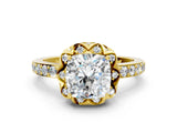 Yellow gold Cushion Cut Diamond Scalloped Halo Engagement Ring with Round Shared Prong Band_24