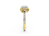 Yellow gold Cushion Cut Diamond Scalloped Halo Engagement Ring with Round Shared Prong Band_26
