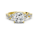 Yellow gold Cushion Cut Diamond Scattered Round Accent Ring with Prong Setting_12