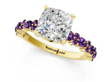 Yellow gold Cushion Cut Diamond Side Stone Solitaire Ring with Round with Amethyst side stone and Four-Prong Setting_1
