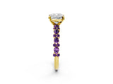 Yellow gold Cushion Cut Diamond Side Stone Solitaire Ring with Round with Amethyst side stone and Four-Prong Setting_2