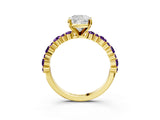 Yellow gold Cushion Cut Diamond Side Stone Solitaire Ring with Round with Amethyst side stone and Four-Prong Setting_3